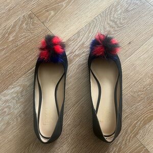 Franco Sarto Black Flats with Red and Blue Pom Poms